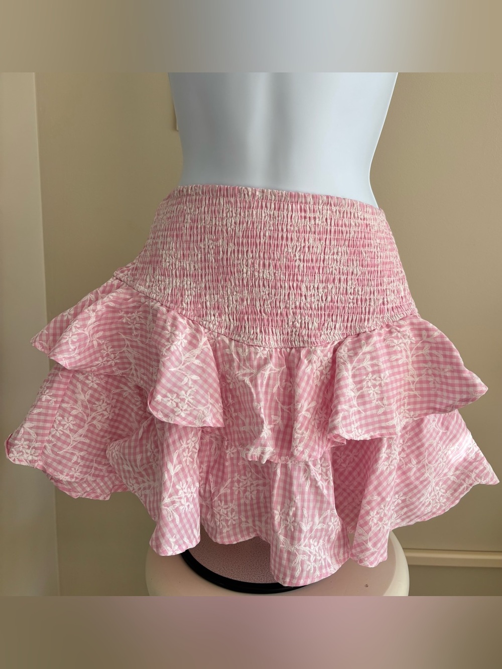 Altar'd State Pink Gingham Smocked Ruffle Mini Skirt